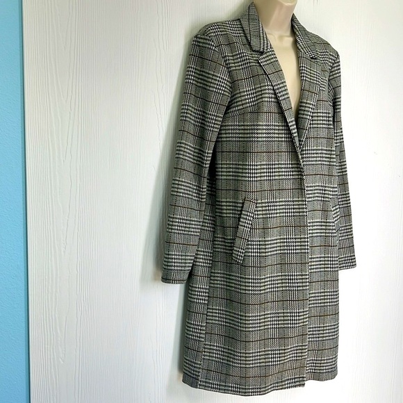 H&M - Tweed Black And White Green Stripe 2 Button Snap Long Blazer Size XS - Picture 3 of 14